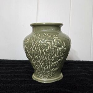 Vintage Longaberger Pottery Vase in Sage Green "Vintage Blossoms" Pattern 5.25"